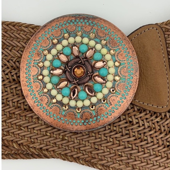 LEATHEROCK‎ Turquoise Woven Belt Boho Western Leather Southwest Medallion Tessa main image 4